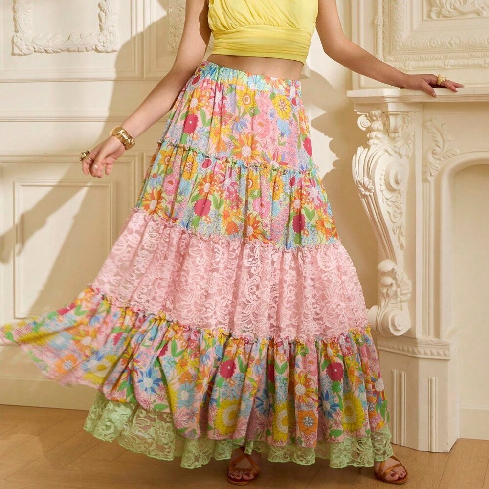 Multicolor Boho Women's Floral Print Contrast Lace A-Line Skirt - Picture 7 of 9